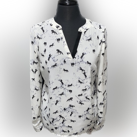 Kensie White Horses Printed V-Neck Blouse w/ Drapey Back - Picture 1 of 5